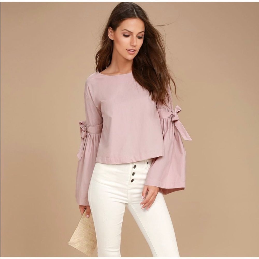 Free People blush cotton bow tie long sleeve blouse